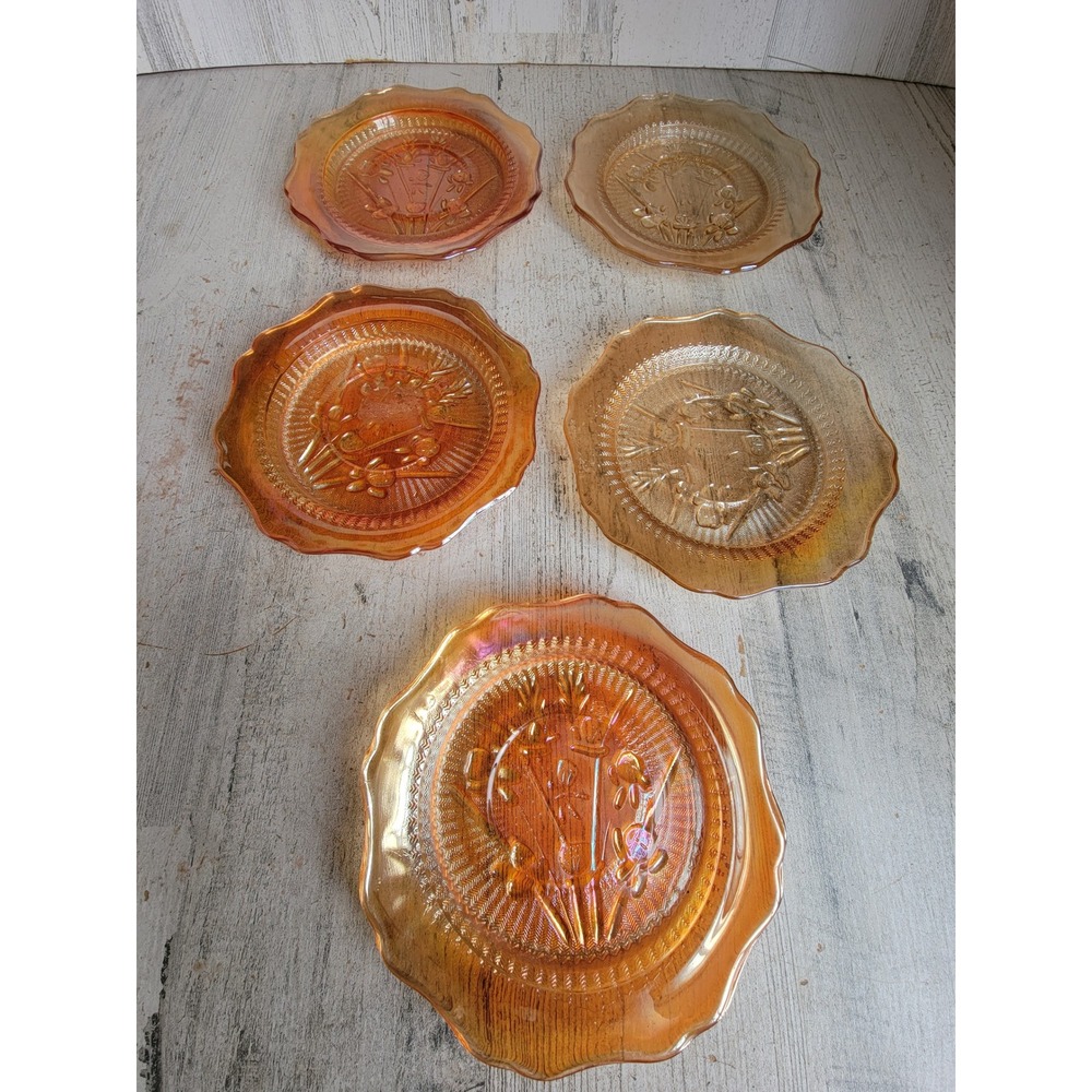 Vintage Jeanette Glass orange plate Iridescent carnival glass kitchen set